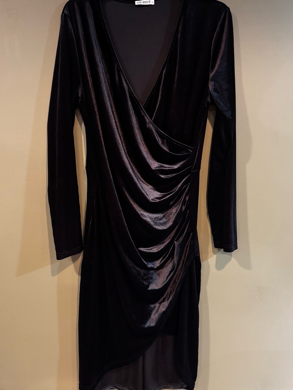 Black Velvet Drape-Front Long Sleeve Dress